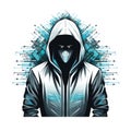 Simple graphic logo of hacker in hood on white background.