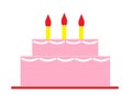 A simple graphical representation of a two tier pink rose birthday cake with three candles white backdrop