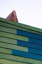 Simple green and blue wooden wall pattern texture with small triangle pillar on top