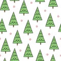 Simple green christmas trees with red stars on white background. Seamless, repeat christmas holiday pattern. For wrapping. Royalty Free Stock Photo