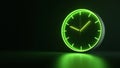 A simple green neon clock on a dark background. Generative AI. Royalty Free Stock Photo