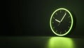 A simple green neon clock on a dark background. Generative AI. Royalty Free Stock Photo