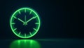 A simple green neon clock on a dark background. Generative AI. Royalty Free Stock Photo