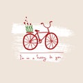 Simple greeting card with vintage bicycle and love flowers.