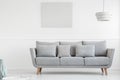 Simple grey couch in bright scandinavian living room interior