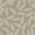 Simple grey random leaf twigs seamless doodle pattern in hand drawn style. Beige background