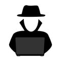 Simple, grey scale hacker in front of a laptop icon. Silhouette design