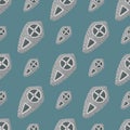 Simple grey shield silhouettes seamless stylized pattern. Knight elements on pale blue background. Warrior print