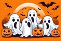 Halloween ghosts with funny pumpkin on orange background. Happy halloween holiday concept. Royalty Free Stock Photo