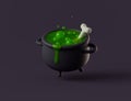 Simple halloween cartoon witch's boiling cauldron with bone inside 3d render illustartion.