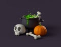 Simple halloween cartoon witches boiling cauldron with pumpkin and skull 3d render illustartion.