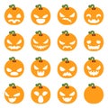 Simple halloween pumpkin decoration scary faces smile emoji icons set isolated flat design vector illustration