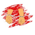 Simple Hand Draw Sketch Flat Color, Ilustration for under arrest, man with Handcuff with red crayon streak background