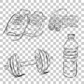 Simple hand draw sketch of sport equipment, shoes, jumping rope and dumbbell,water Bottle, at transparent effect background