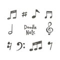 Simple hand drawn black notes and a musical key in the style of doodle. Vector illustration Royalty Free Stock Photo