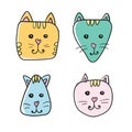 Simple, hand drawn cartoon cat face icon. Four color variations on white