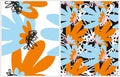 Simple Hand Drawn Irregular Floral Vector Patterns with Light Blue and Orange Freehand Brush Flowers. Royalty Free Stock Photo