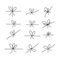 Simple hand drawn line bows on ribbon vector set. Rope knots on string, different bowknots design collection isolated on