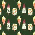 Ice cream pattern. Watercolor hand drawn elements: kiwi ice cream, mint popsicles. Summer background for decoration. Printable cli