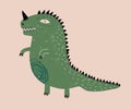 Simple Hand Drawn Vector Illustrations with Cute Green Dinosaur. Royalty Free Stock Photo