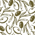 Simple hand-drawn vector seamless pattern. Olive, leaves, branch on a white background. Farming harvest, vegan food, cultivation. Royalty Free Stock Photo