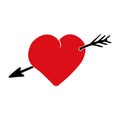 Simple handdrawn illustration of vector red heart with arrow for Valentines day. Symbol of love and passion, romantic
