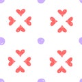 Simple handdrawn seamless pattern with pink heard and purple dots. For wallpapers, web background, textile, wrapping