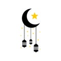 Simple hanging Arabic traditional Ramadan Kareem lantern on crescent moon and stars. Eid Fitr or Adha Mubarak lamp Greeting card Royalty Free Stock Photo