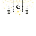 Simple hanging Arabic traditional Ramadan Kareem lantern. Eid Fitr or Adha Mubarak lamp Greeting crescent moon and yellow stars Royalty Free Stock Photo
