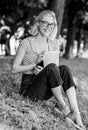 Simple happiness. Closer to nature. Nature inspiring environment. Girl carefree student worker laptop relaxing outdoors Royalty Free Stock Photo