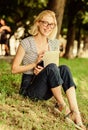 Simple happiness. Closer to nature. Nature inspiring environment. Girl carefree student worker laptop relaxing outdoors