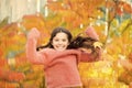 Simple happiness. Kid enjoy autumn outdoors. Meet autumn. Little girl smiling happy cute child gorgeous long hair maple