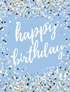 Simple Happy Birthday Vector Card with Confetti Rain on a Light Blue Background.