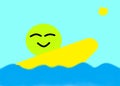 A simple happy green smiling icon simile surfing a yellow surf board on a sunny blue clear sky day at sea