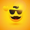 Simple Happy Male Emoticon with Sunglasses, Waving Hand, Hair and Mustache on Yellow Background - Vector Design for Web Royalty Free Stock Photo