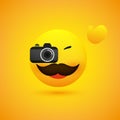 Simple Happy Smiling Waving Male Photographer Emoji with Moustache Looking Into and Taking Picture with a Digital Camera