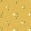 Simple harebell minimalistic flowers seamless pattern. Orange background. Bloom floral backdrop