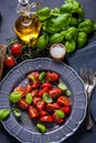 Simple and healthy dish, tomato and basil Royalty Free Stock Photo