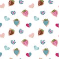 Simple hearts and strawberries seamless vector pattern. Valentines day background. Flat design endless chaotic texture Royalty Free Stock Photo