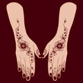 Simple henna mehndi mehendi flower swirly design on two hands indian arabic asian culture vector illustration