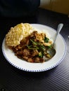 A simple home-made dinner delicious Asian food. It consists of white rice, chicken, stir-fried vegetables, and Krupuk cuise Royalty Free Stock Photo