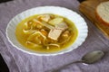 Simple home made soup with turkey meat, noodles and potatoes, broth