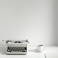 Simple home office, view of and old fashioned typewriter on a white desk with a white backdrop Royalty Free Stock Photo