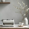 Simple home office, view of and old fashioned typewriter on a white desk with a white backdrop Royalty Free Stock Photo