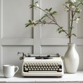 Simple home office, view of and old fashioned typewriter on a white desk with a white backdrop Royalty Free Stock Photo