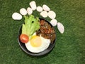 Simple homemade dish of black pepper beef with fried egg