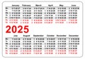 2025 simple horizontal pocket calendar grid template isolated on white vector