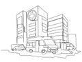 Simple hospital with buildings and ambulances in one line on a white background