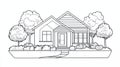 Sketch of a Suburban House with Trees and Garden - Black and White Line Art Royalty Free Stock Photo