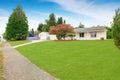 Simple house exterior in white color with green front yard Royalty Free Stock Photo